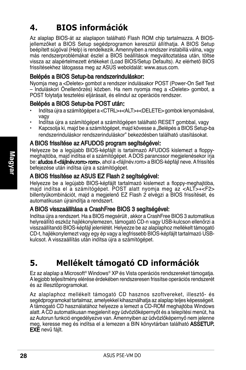 Bios információk, Mellékelt támogató cd információk, Magyar | Asus P5E-VM DO User Manual | Page 28 / 38