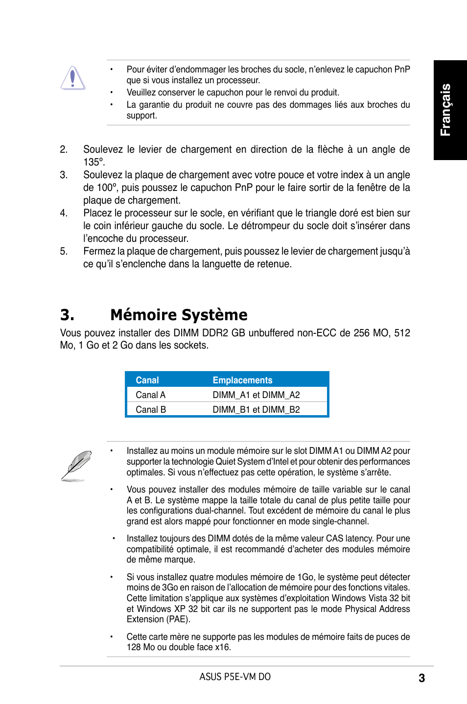 Mémoire système, Français | Asus P5E-VM DO User Manual | Page 3 / 38