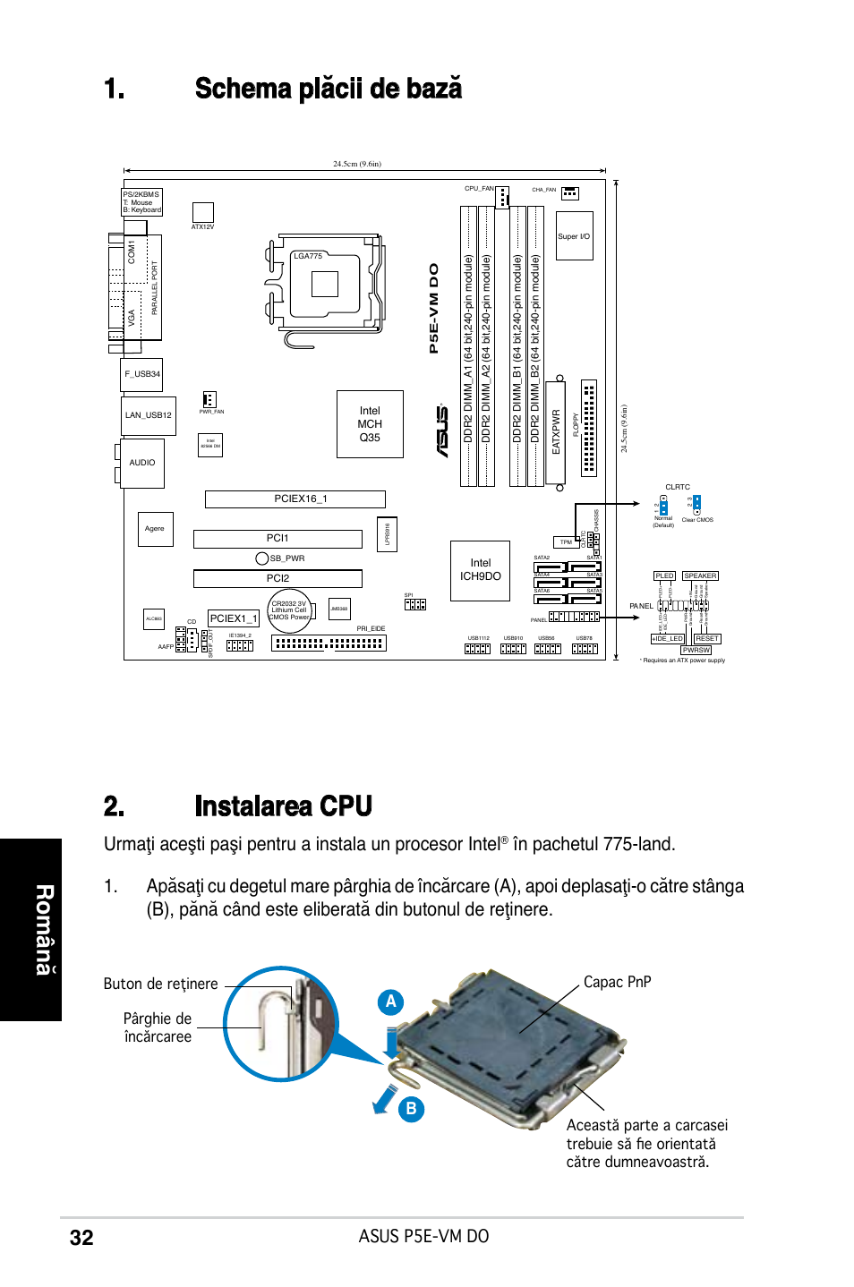 Schema plăcii de bază 2. instalarea cpu, Română, Asus p5e-vm do | Ab b | Asus P5E-VM DO User Manual | Page 32 / 38