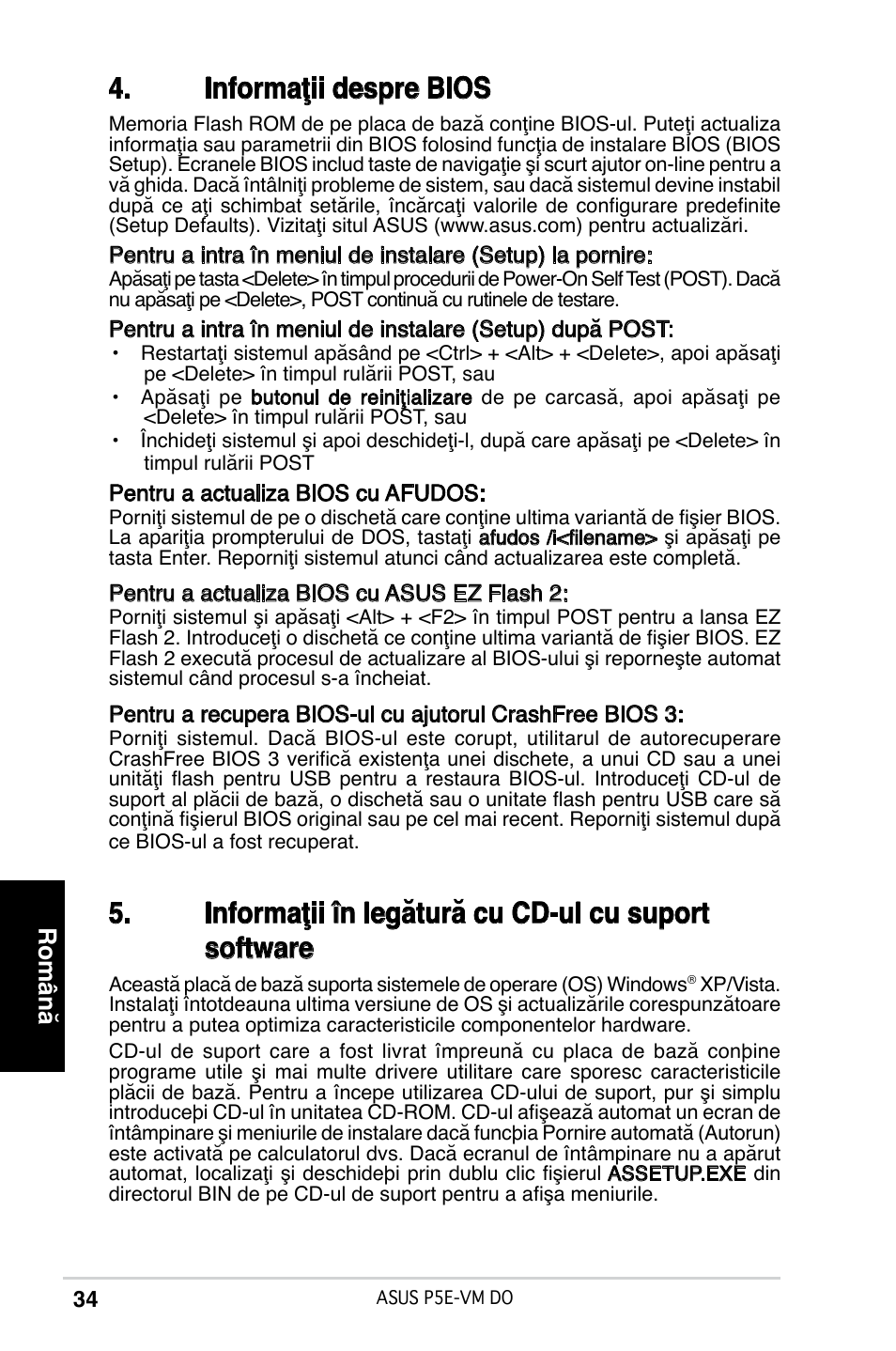 Informaţii despre bios, Informaţii în legătură cu cd-ul cu suport software, Română | Asus P5E-VM DO User Manual | Page 34 / 38