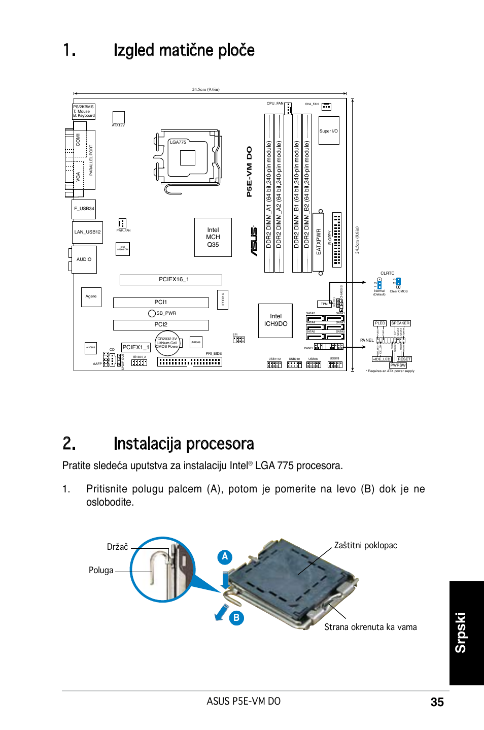 Izgled matične ploče 2. instalacija procesora, Srpski, Pratite sledeća uputstva za instalaciju intel | Asus p5e-vm do, Ab b | Asus P5E-VM DO User Manual | Page 35 / 38