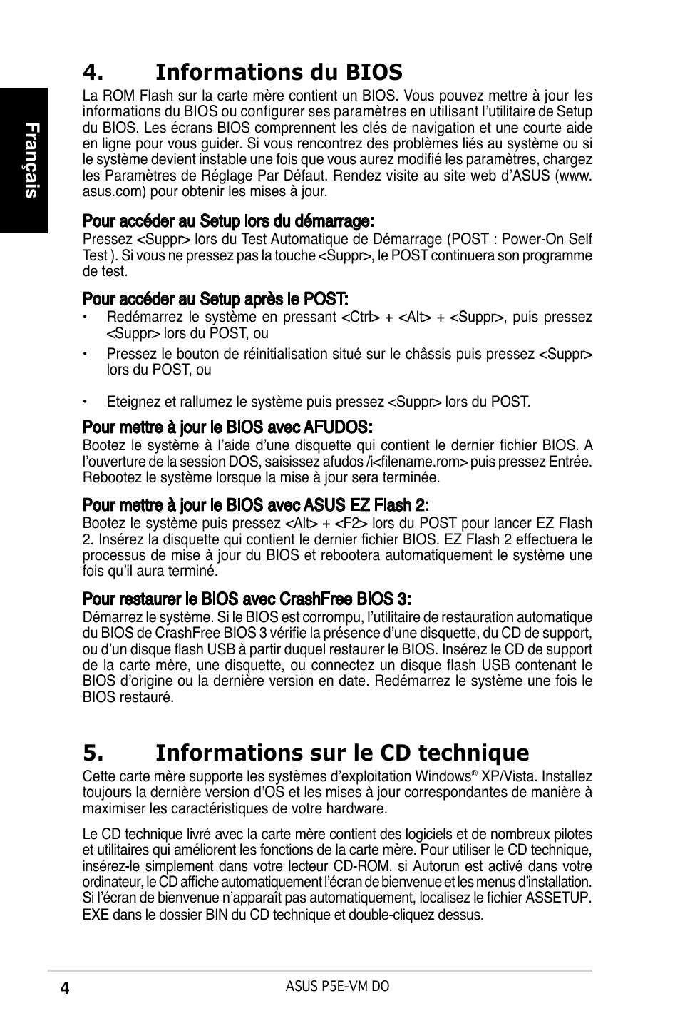 Informations du bios, Informations sur le cd technique, Français | Asus P5E-VM DO User Manual | Page 4 / 38