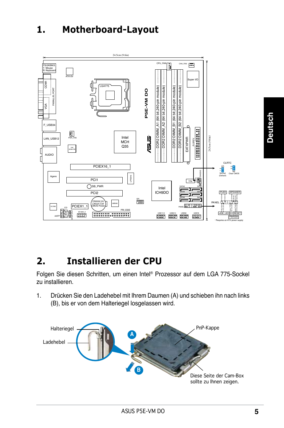 Motherboard-layout 2. installieren der cpu, Deutsch, Folgen sie diesen schritten, um einen intel | Asus p5e-vm do, Ab b | Asus P5E-VM DO User Manual | Page 5 / 38