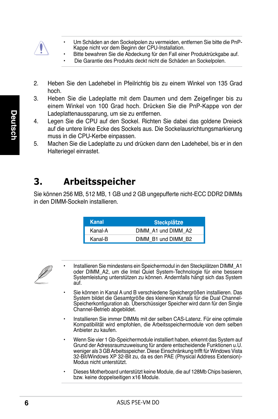 Arbeitsspeicher, Deutsch | Asus P5E-VM DO User Manual | Page 6 / 38