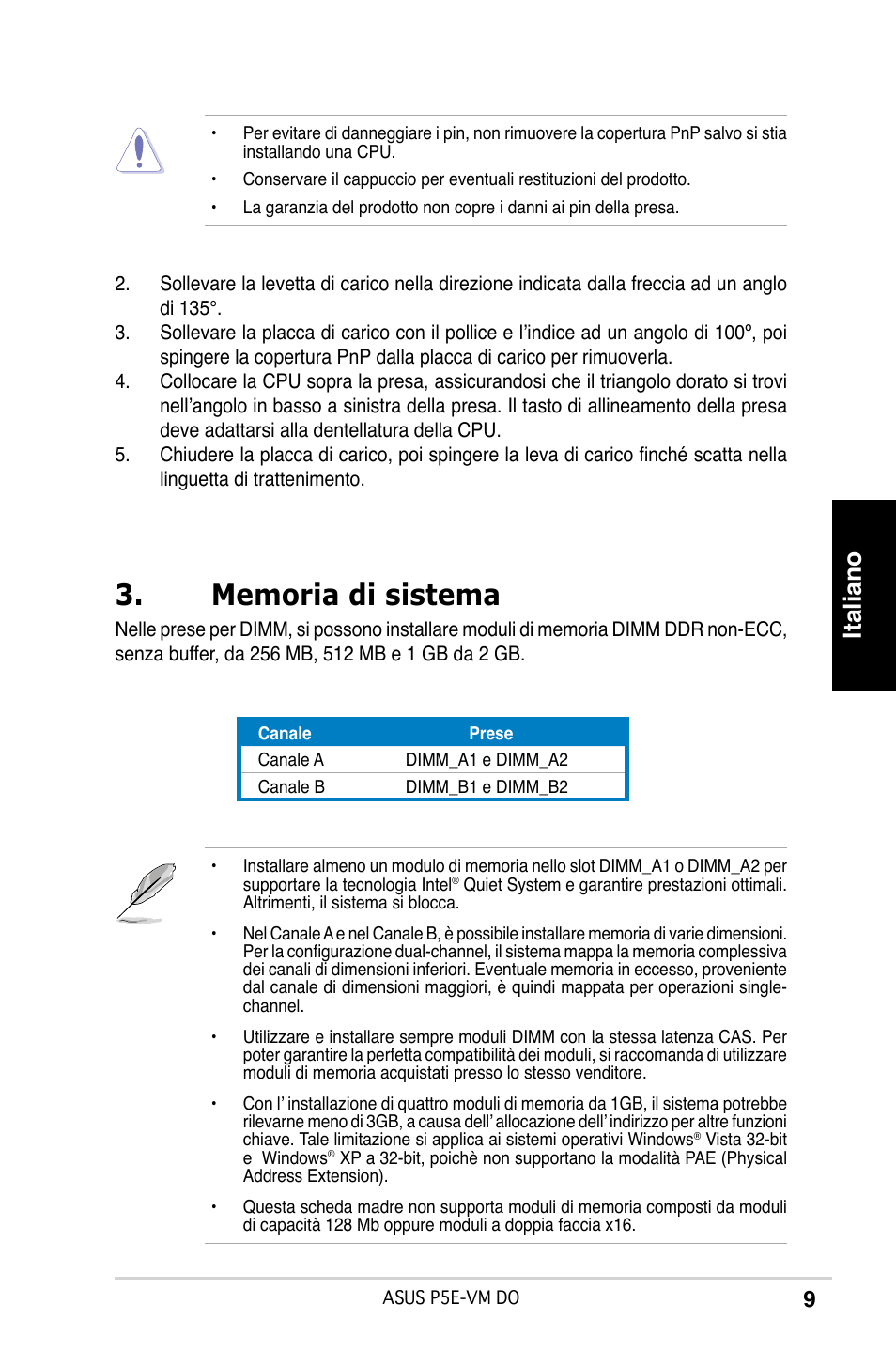 Italiano | Asus P5E-VM DO User Manual | Page 9 / 38