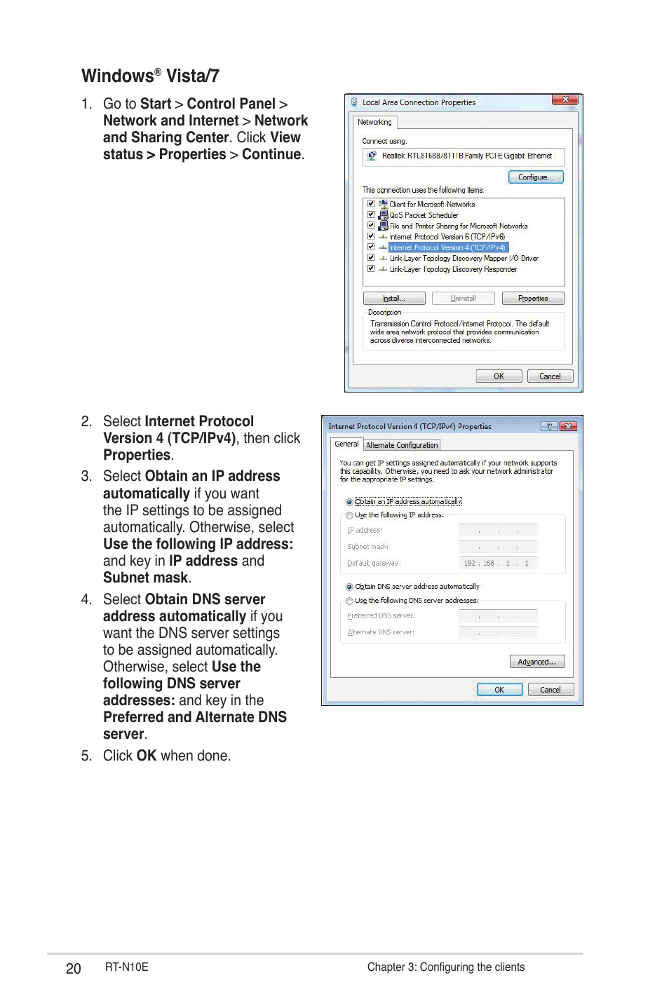 Windows, Vista/7 | Asus RT-N10E User Manual | Page 20 / 46