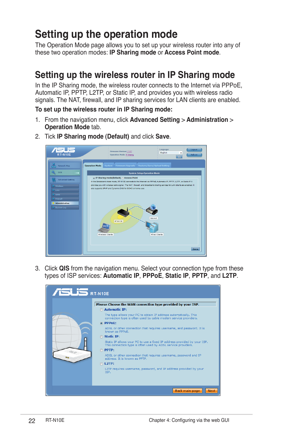 Setting up the operation mode, Setting up the wireless router in ip sharing mode | Asus RT-N10E User Manual | Page 22 / 46