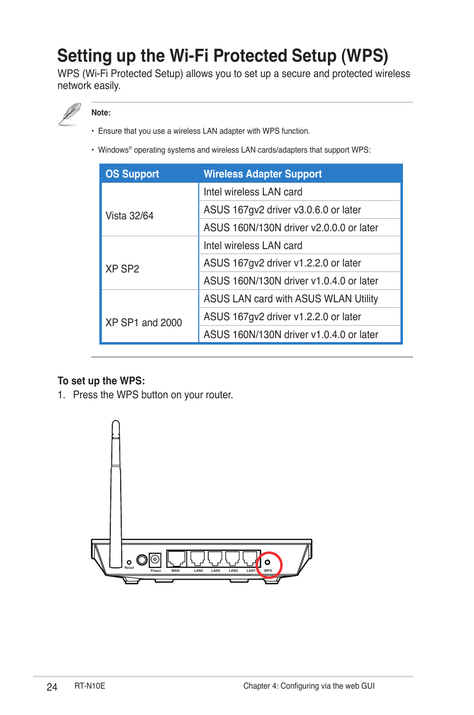 Setting up the wi-fi protected setup (wps) | Asus RT-N10E User Manual | Page 24 / 46