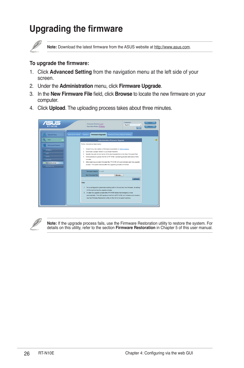 Upgrading the firmware | Asus RT-N10E User Manual | Page 26 / 46