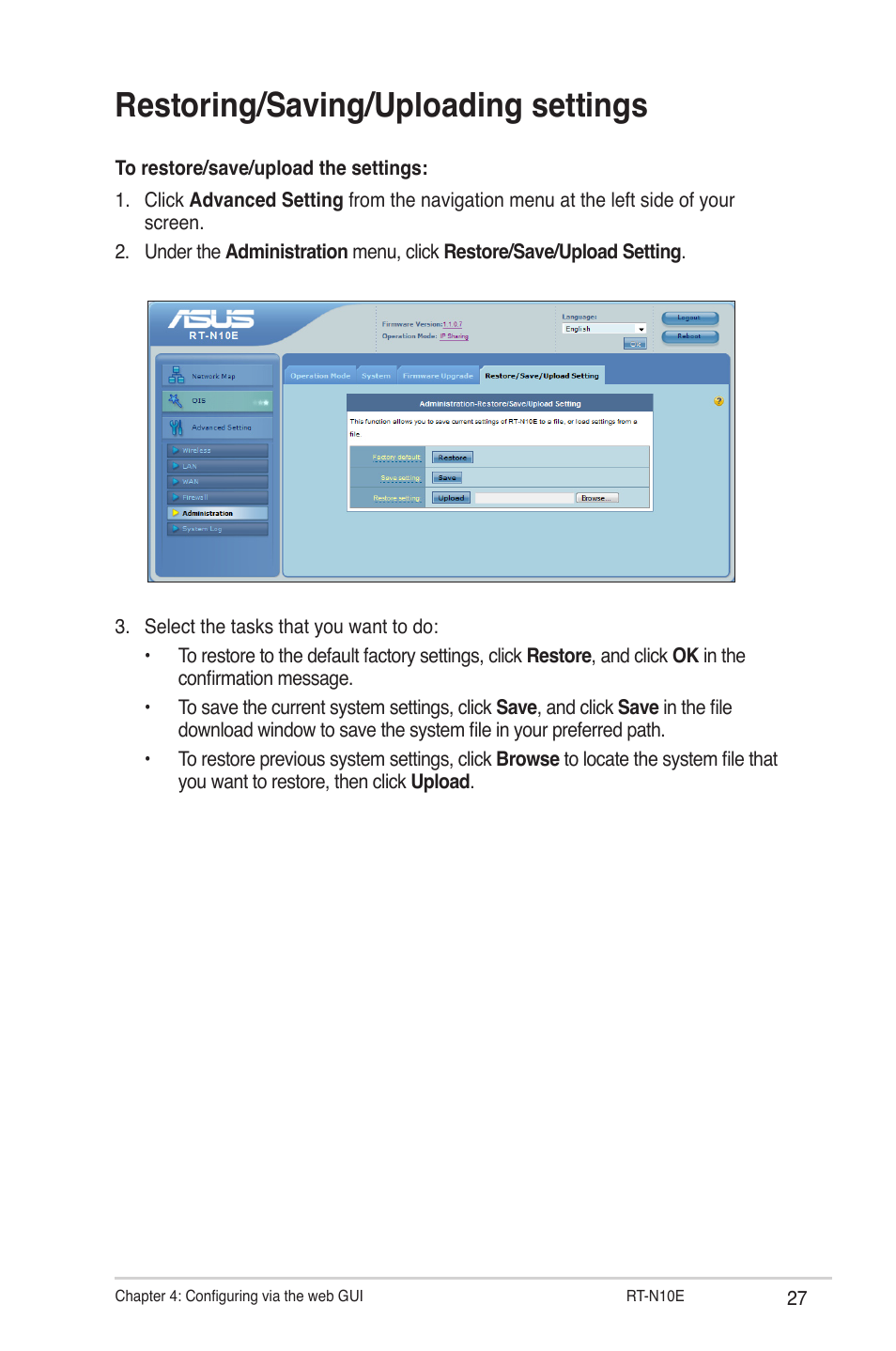 Restoring/saving/uploading settings | Asus RT-N10E User Manual | Page 27 / 46