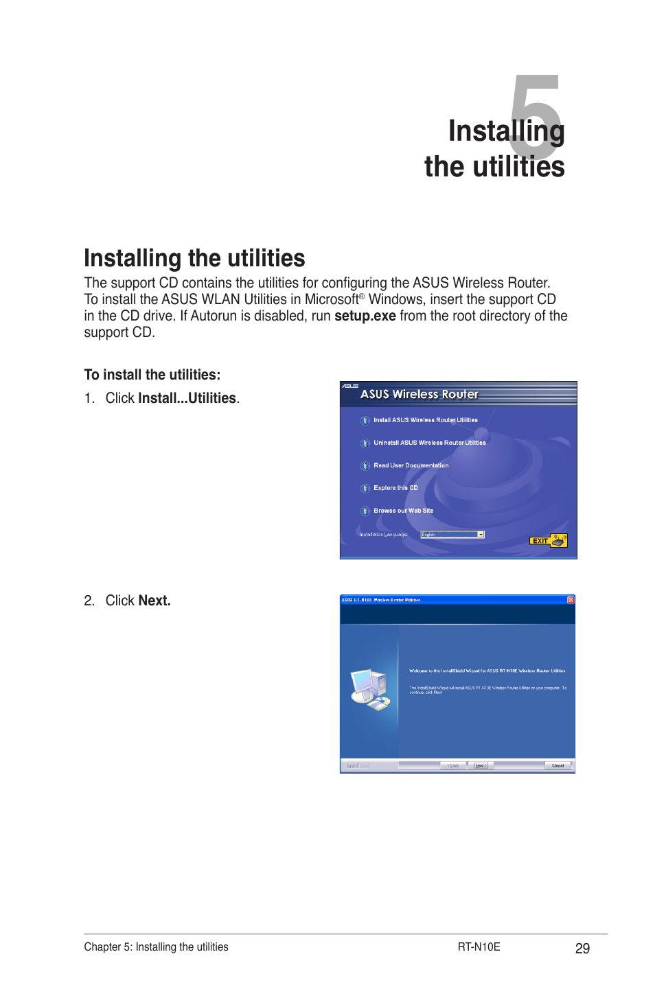 Chapter 5: installing the utilities, Installing the utilities | Asus RT-N10E User Manual | Page 29 / 46