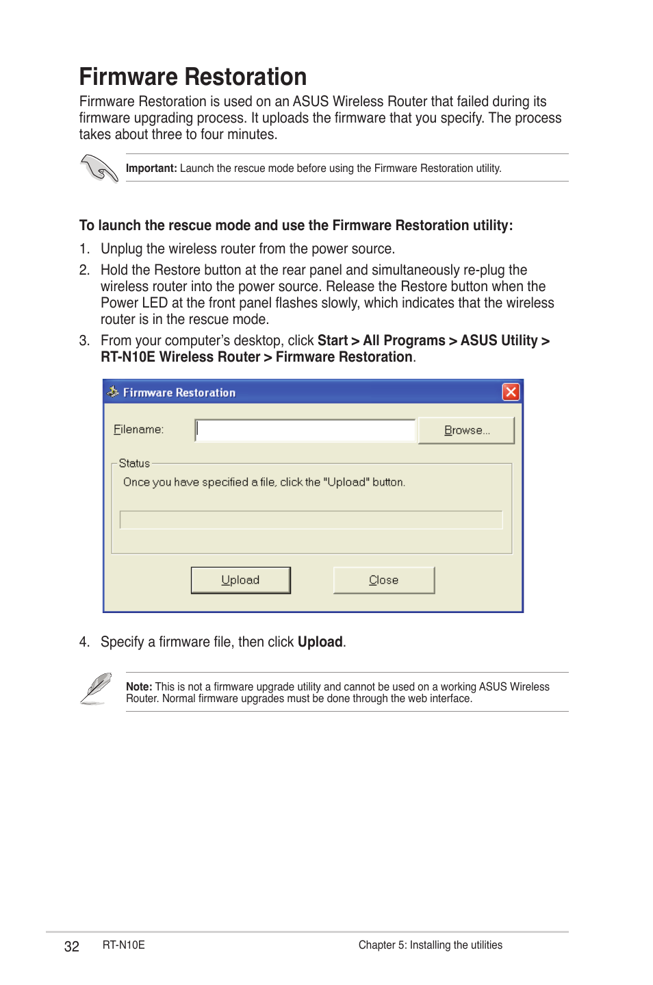 Firmware restoration | Asus RT-N10E User Manual | Page 32 / 46