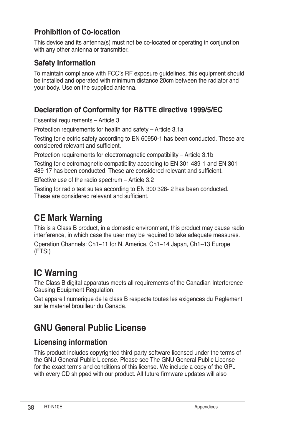 Ce mark warning, Ic warning, Gnu general public license | Prohibition of co-location, Safety information, Licensing information | Asus RT-N10E User Manual | Page 38 / 46