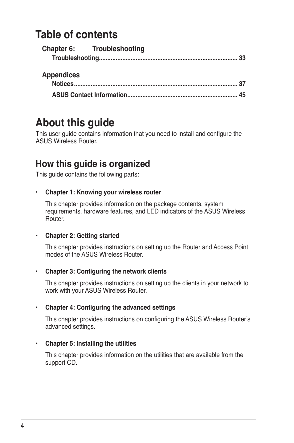 About this guide, Table of contents about this guide, How this guide is organized | Asus RT-N10E User Manual | Page 4 / 46