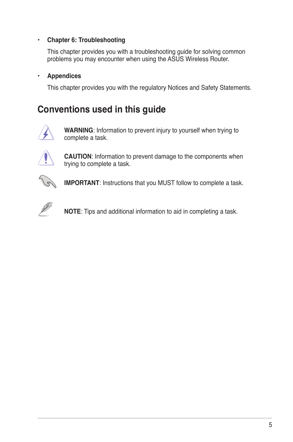 Conventions used in this guide | Asus RT-N10E User Manual | Page 5 / 46