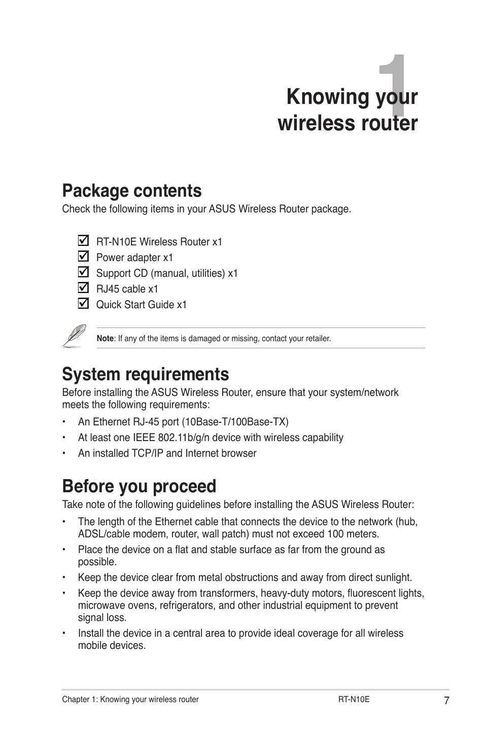 Chapter 1: knowing your wireless router, Package contents, System requirements | Before you proceed, Knowing your wireless router | Asus RT-N10E User Manual | Page 7 / 46