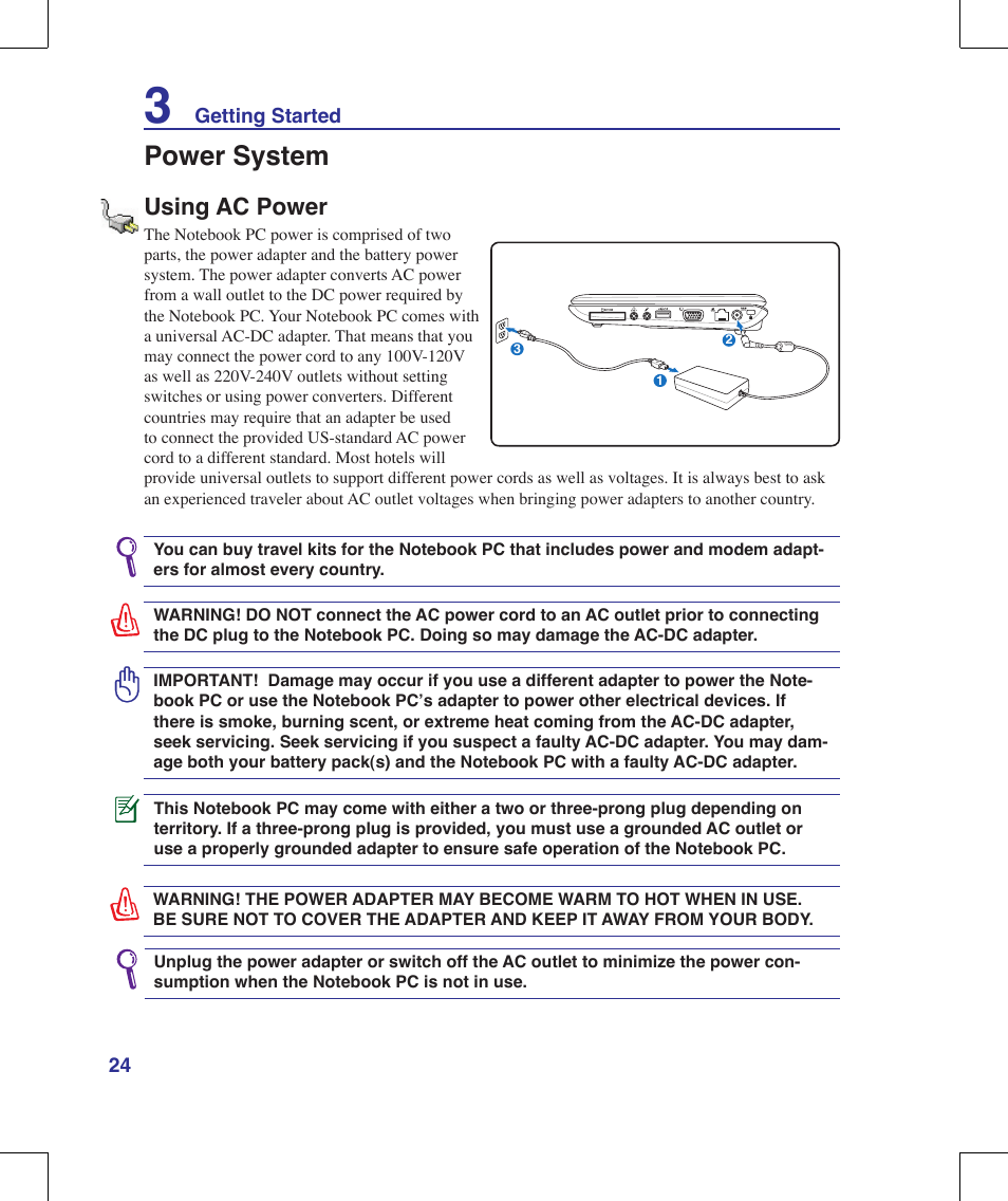 Power system, Using ac power | Asus N10J User Manual | Page 24 / 91