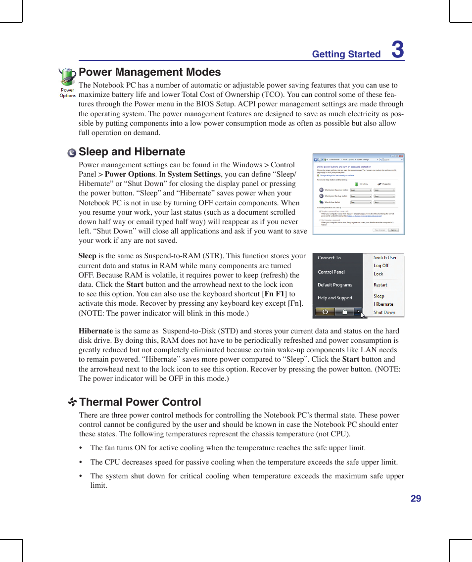 Thermal power control, Sleep and hibernate, Power management modes | Asus N10J User Manual | Page 29 / 91