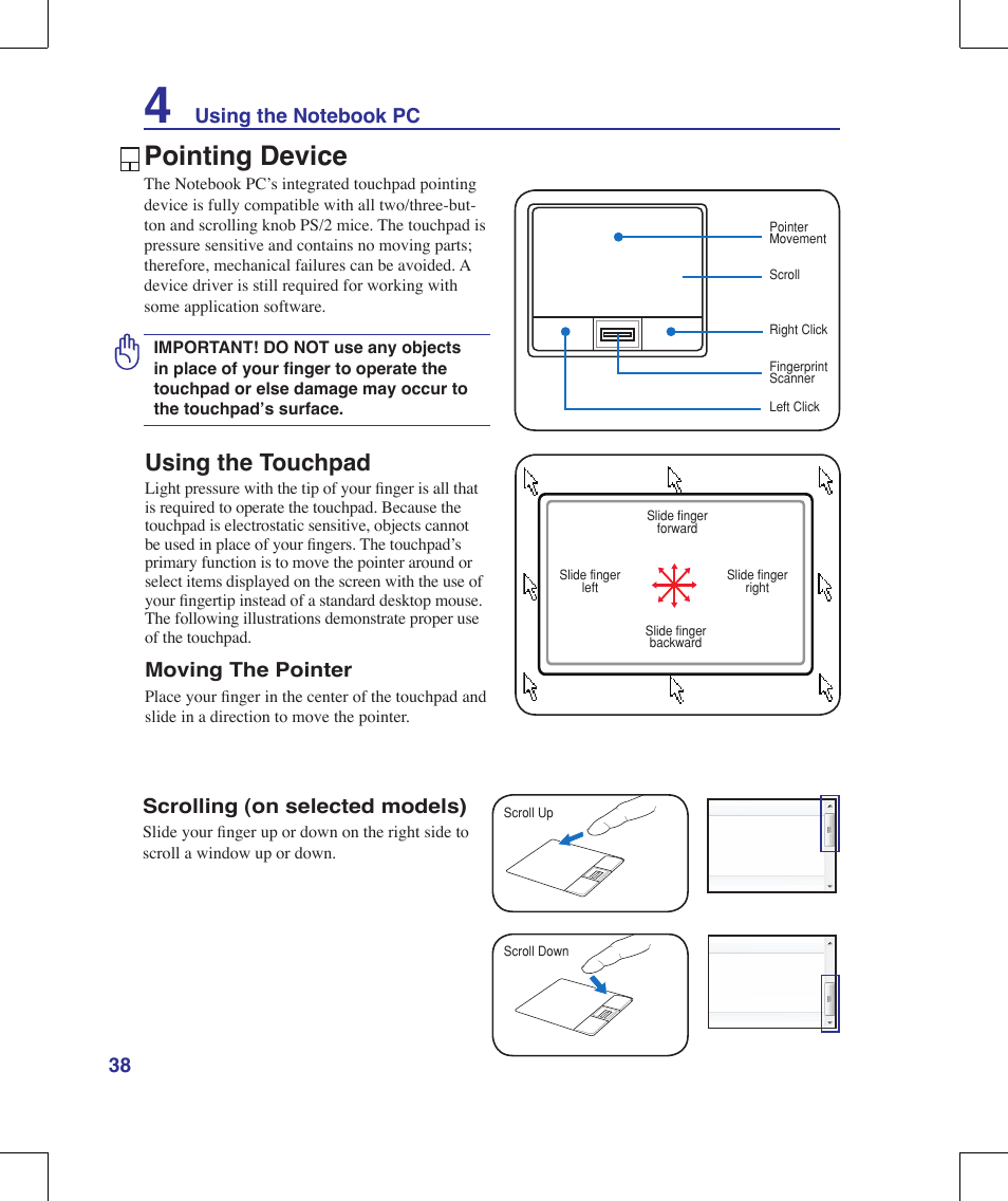 Pointing device, Using the touchpad | Asus N10J User Manual | Page 38 / 91
