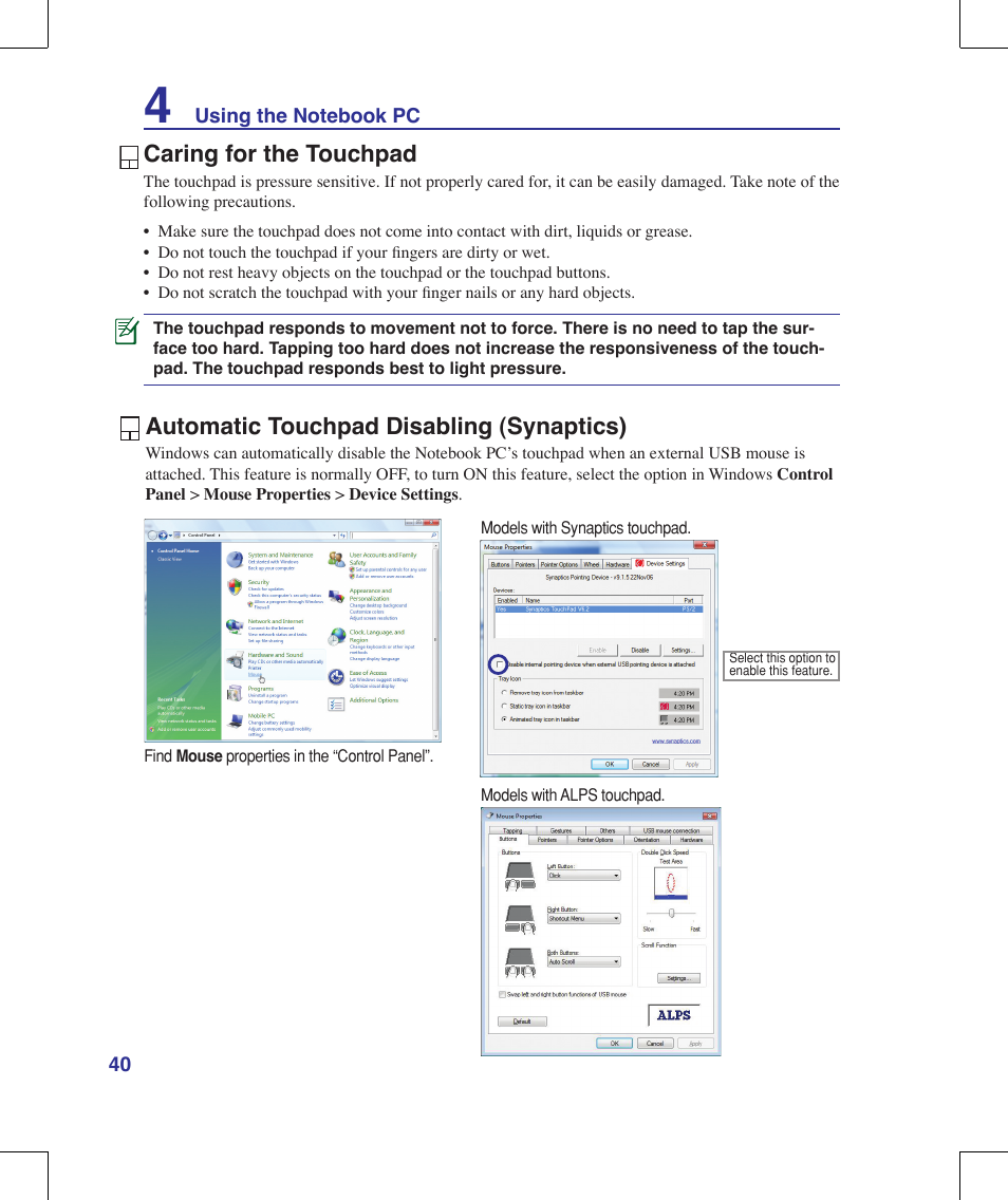 Caring for the touchpad, Automatic touchpad disabling (synaptics) | Asus N10J User Manual | Page 40 / 91