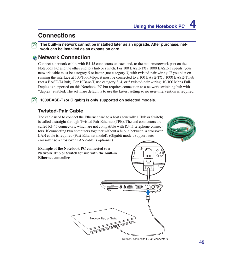 Connections, Network connection | Asus N10J User Manual | Page 49 / 91