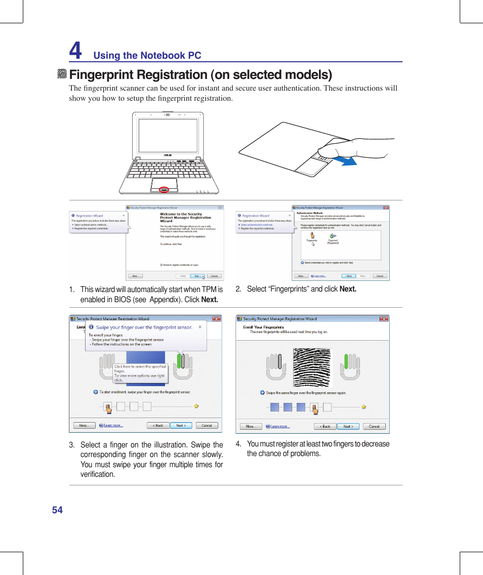 Fingerprint registration (on selected models) | Asus N10J User Manual | Page 54 / 91