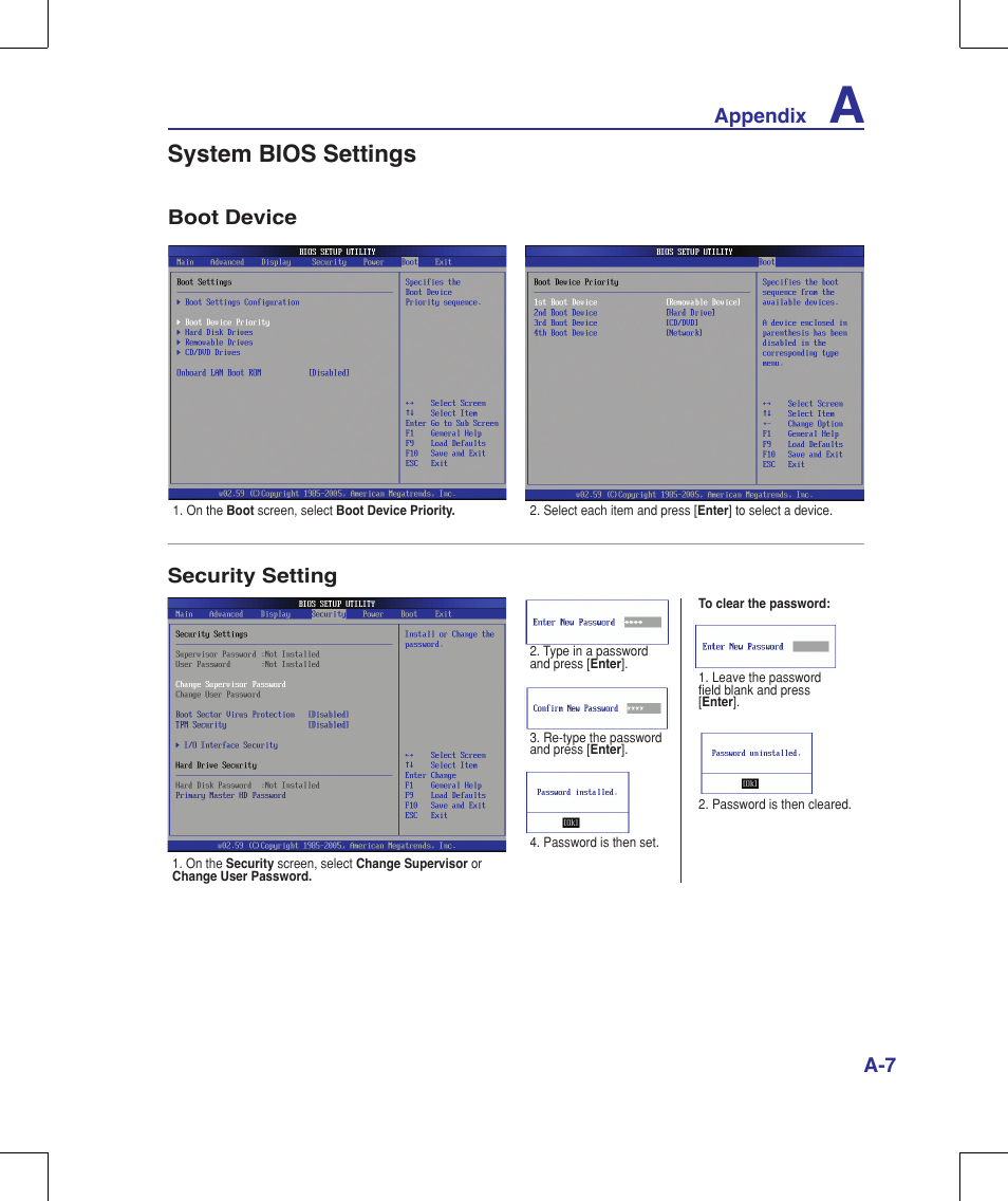 System bios settings, Appendix, Boot device | Security setting | Asus N10J User Manual | Page 63 / 91