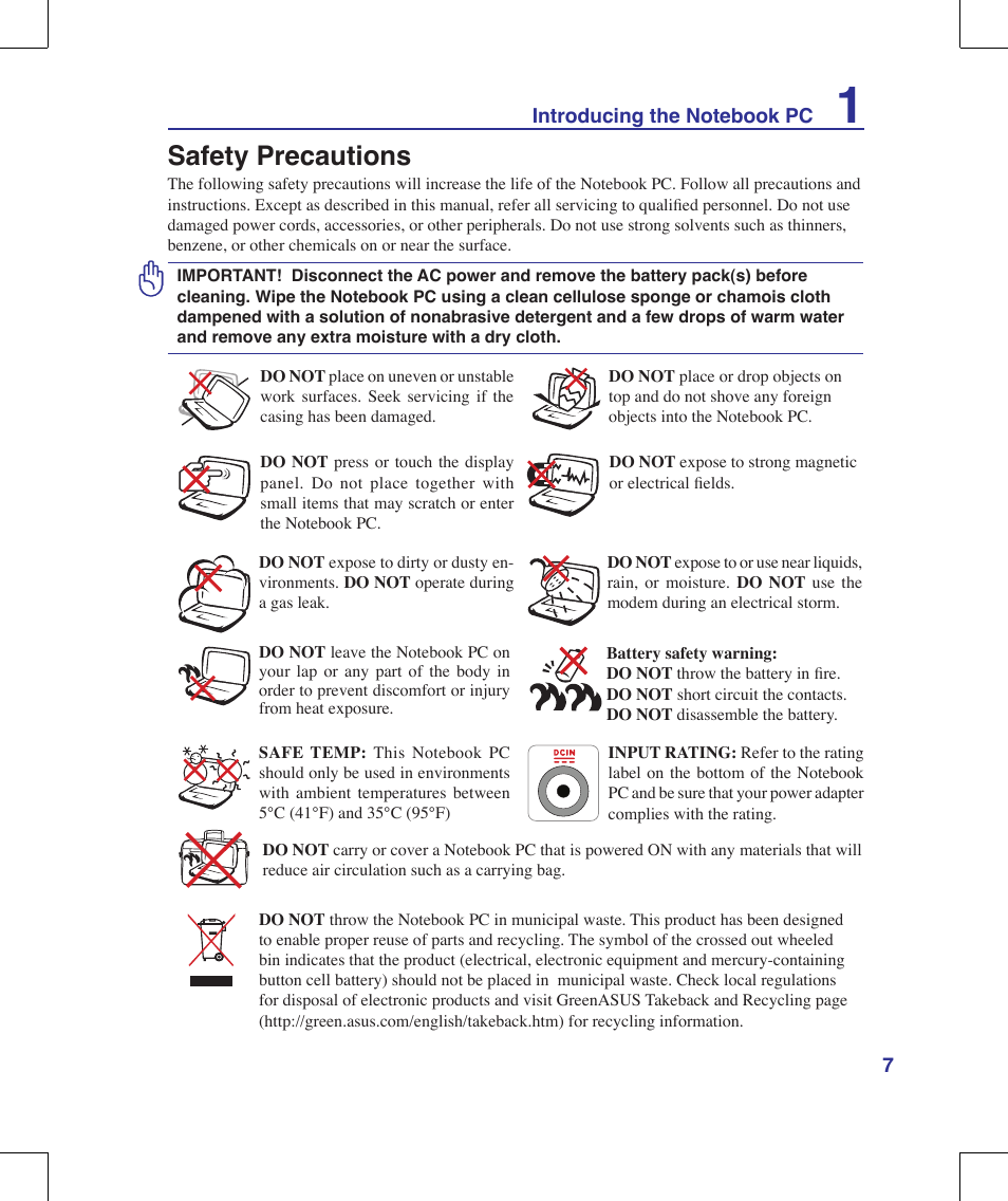 Safety precautions | Asus N10J User Manual | Page 7 / 91