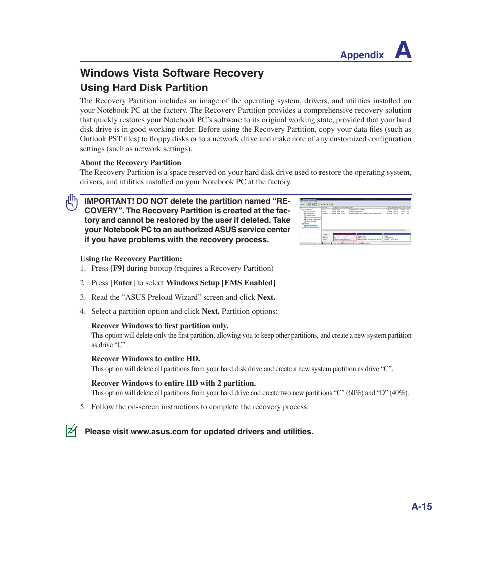 Windows vista software recovery | Asus N10J User Manual | Page 71 / 91