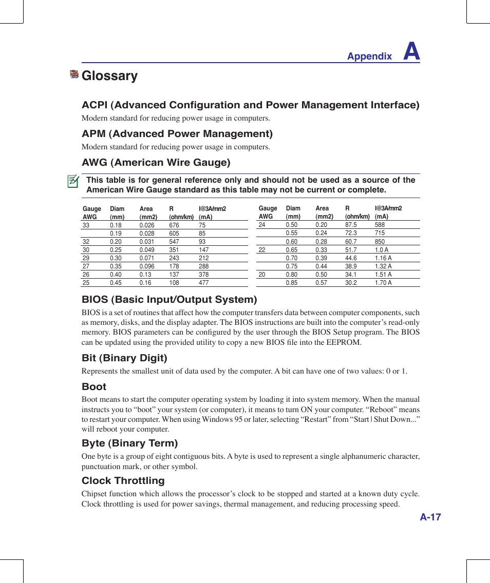 Glossary, Appendix, Apm (advanced power management) | Awg (american wire gauge), Bios (basic input/output system), Bit (binary digit), Boot, Byte (binary term), Clock throttling | Asus N10J User Manual | Page 73 / 91