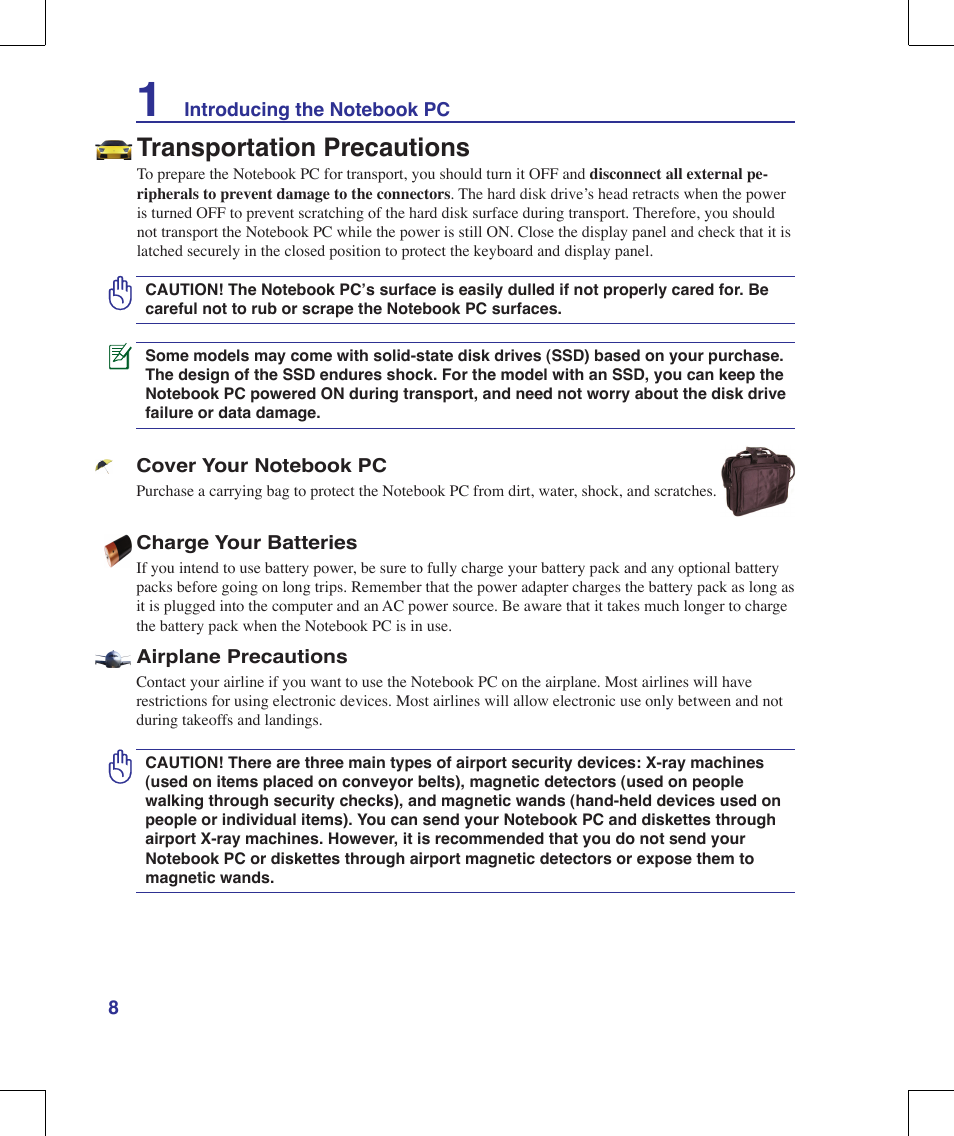 Transportation precautions | Asus N10J User Manual | Page 8 / 91