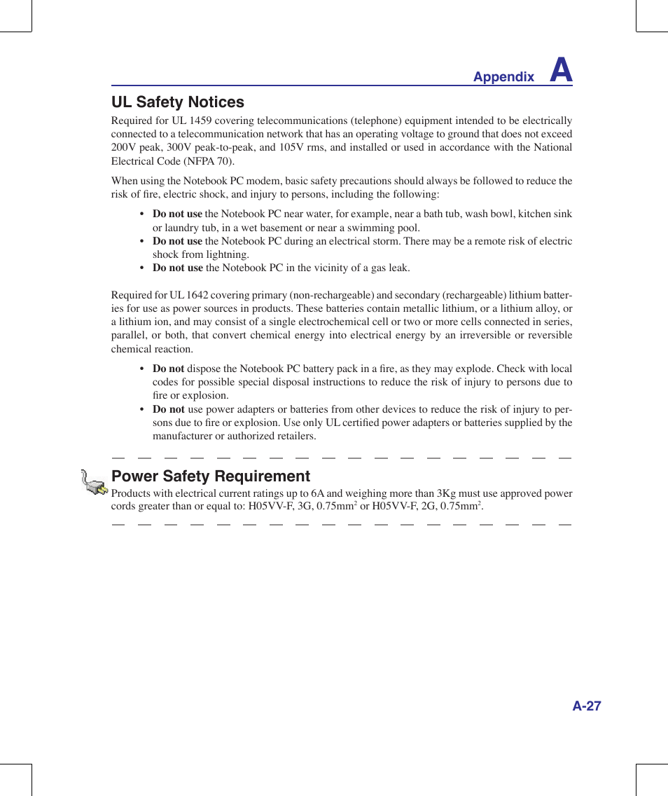 Ul safety notices, Power safety requirement | Asus N10J User Manual | Page 83 / 91