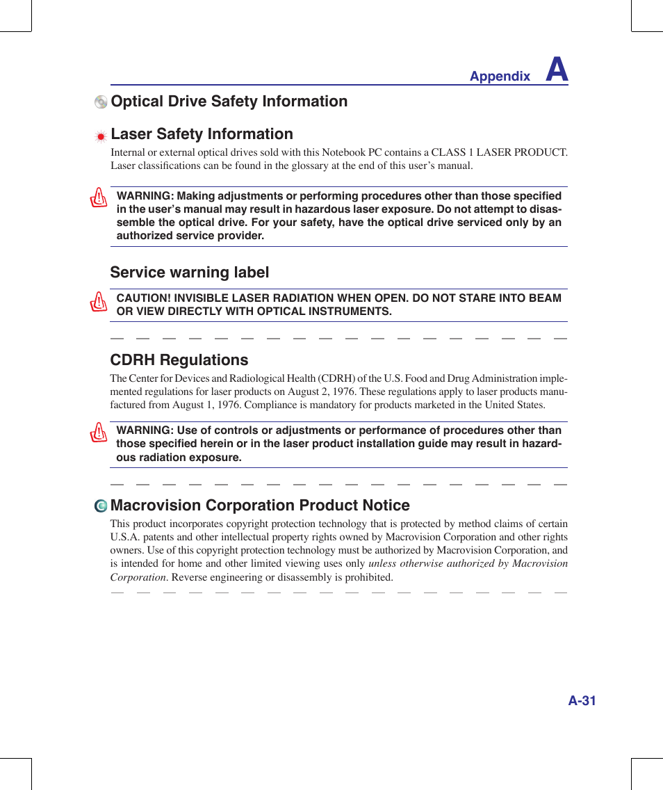 Service warning label, Cdrh regulations, Macrovision corporation product notice | Asus N10J User Manual | Page 87 / 91