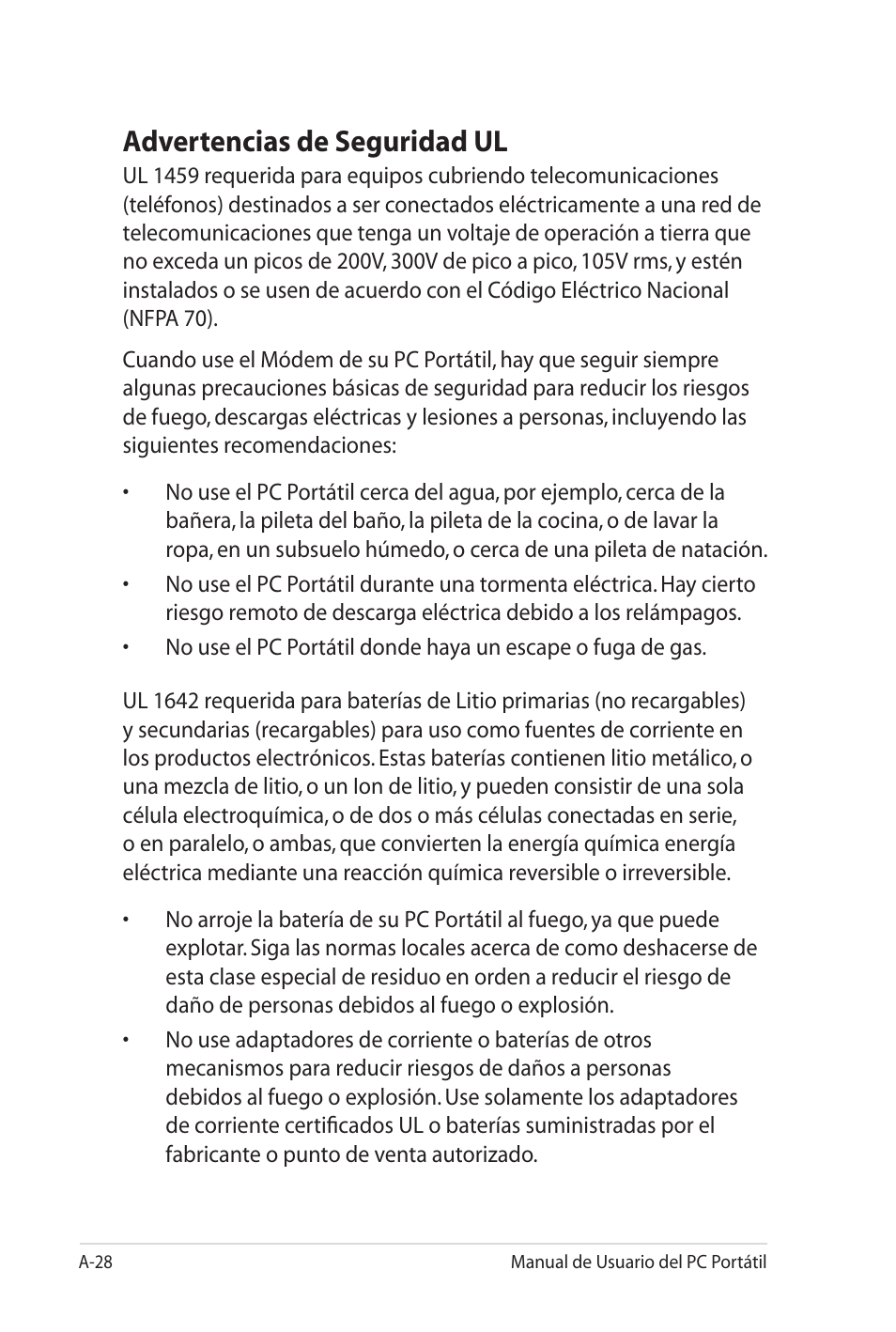 Advertencias de seguridad ul | Asus X35SG User Manual | Page 104 / 116