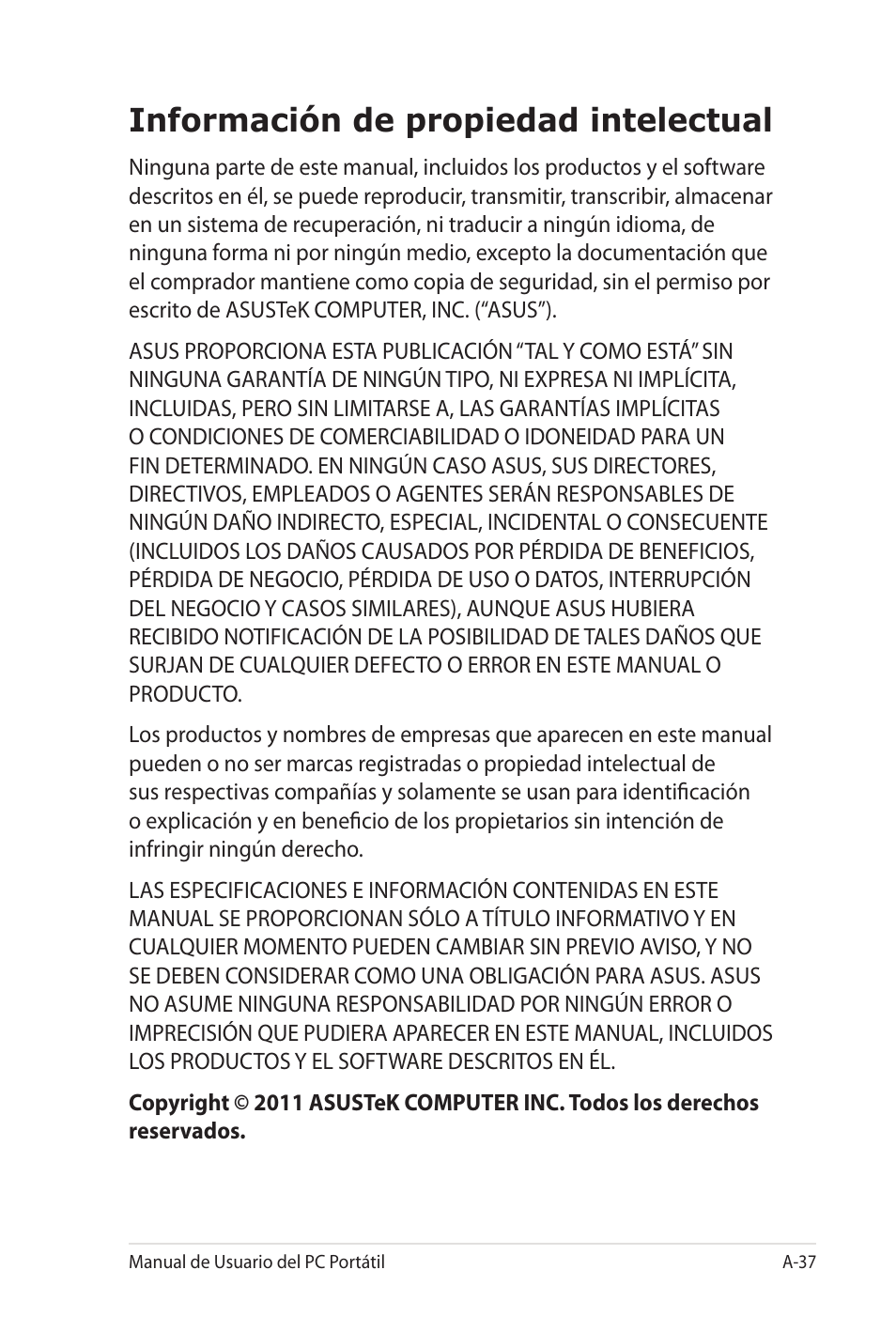 Información de propiedad intelectual | Asus X35SG User Manual | Page 113 / 116