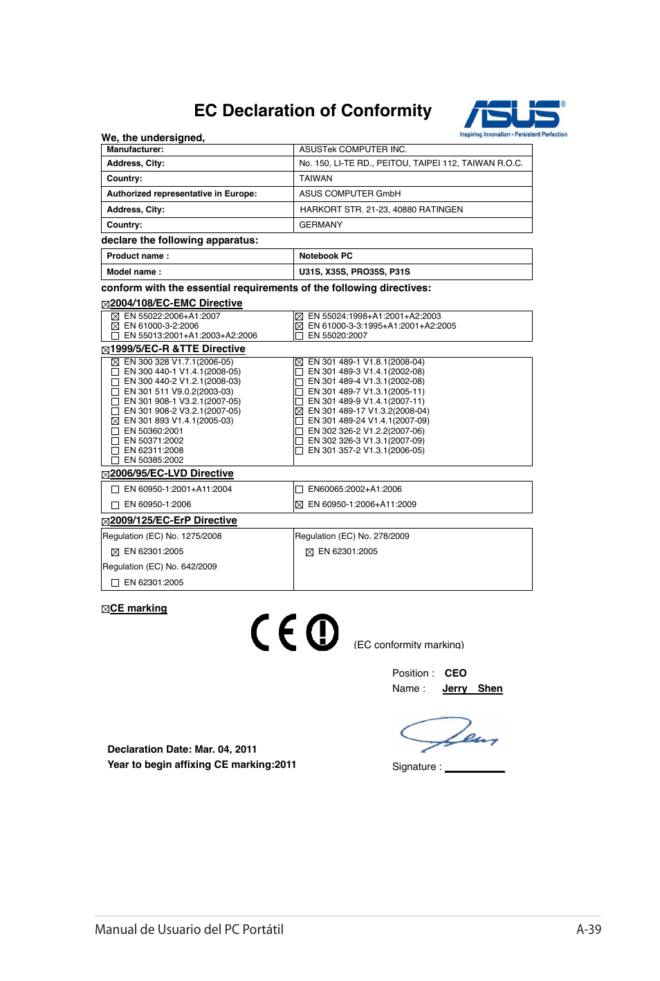 Ec declaration of conformity, Manual de usuario del pc portátil a-39 | Asus X35SG User Manual | Page 115 / 116