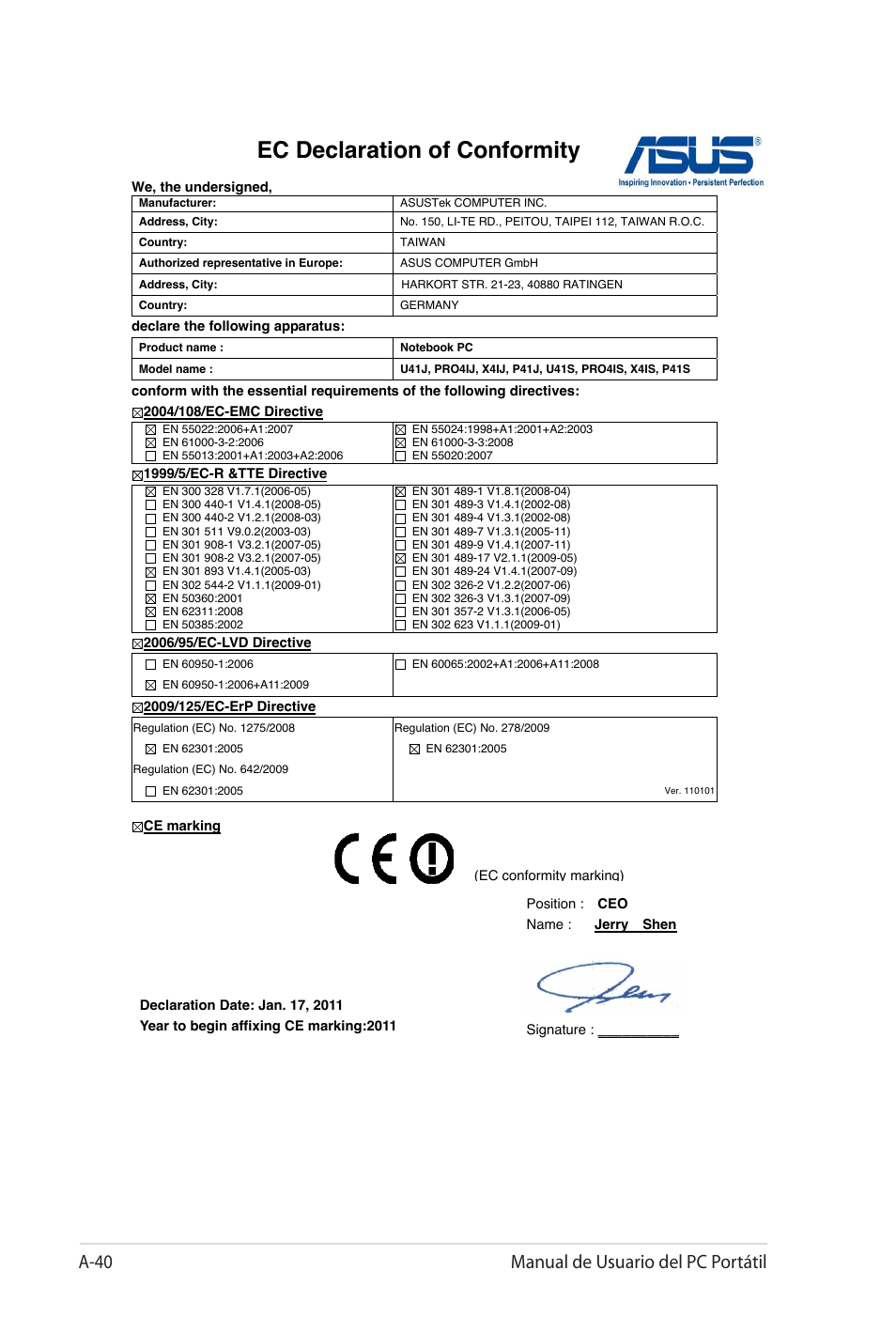 Ec declaration of conformity, A-40 manual de usuario del pc portátil | Asus X35SG User Manual | Page 116 / 116