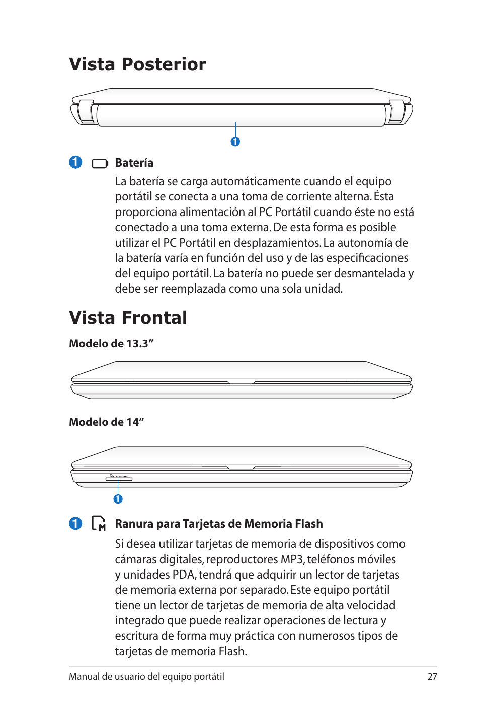 Vista posterior, Vista frontal, Vista posterior vista frontal | Asus X35SG User Manual | Page 27 / 116