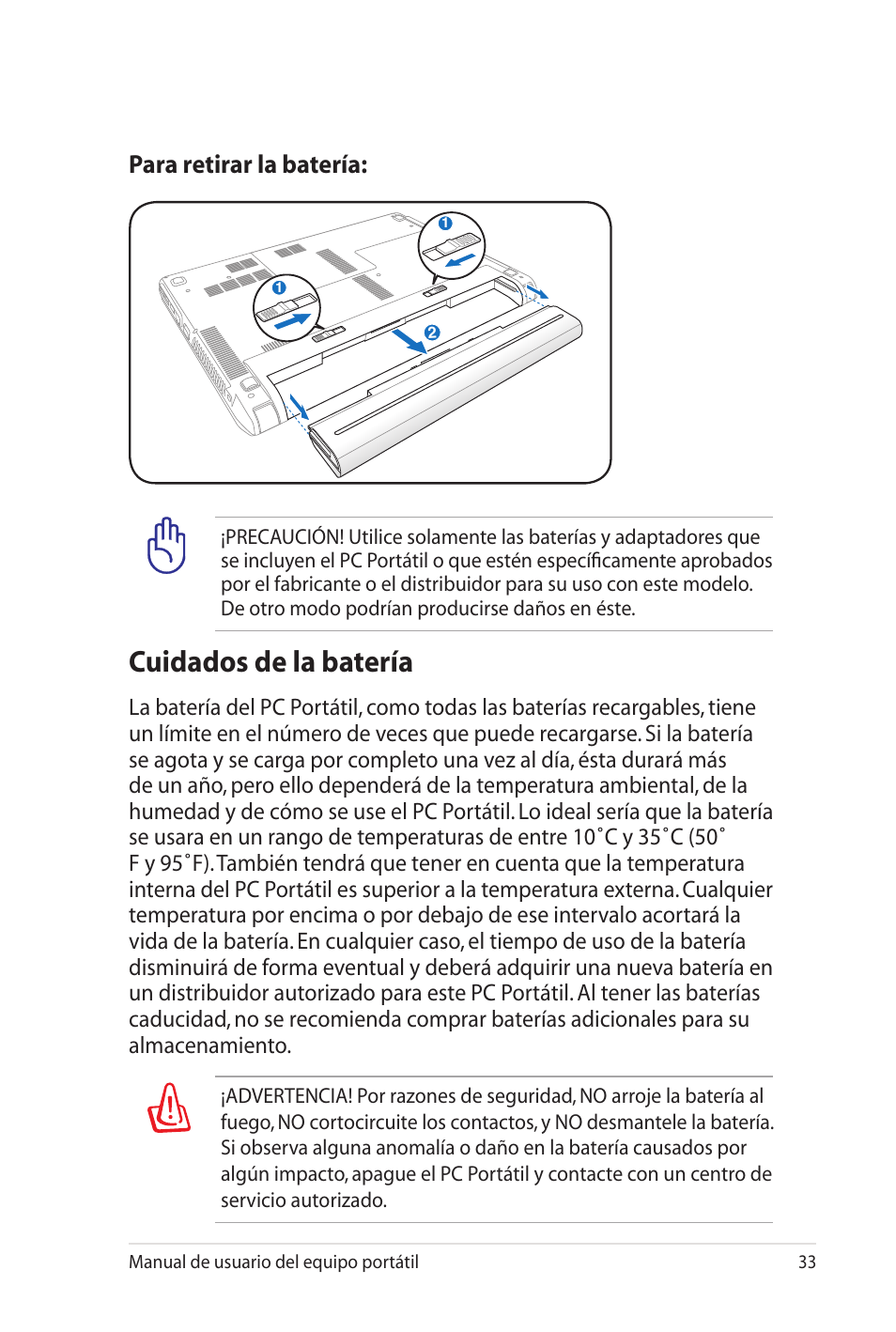 Cuidados de la batería, Para retirar la batería | Asus X35SG User Manual | Page 33 / 116