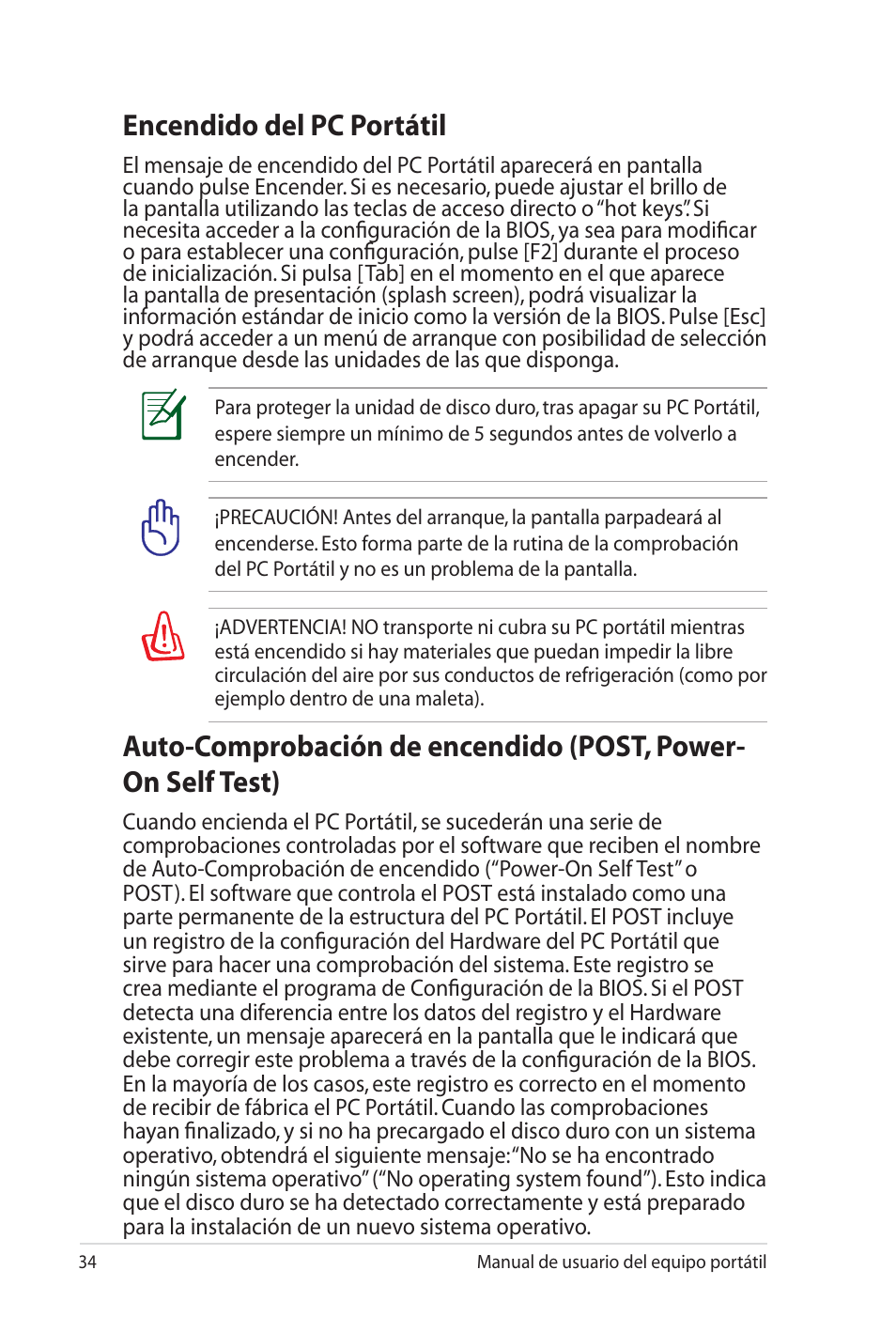 Encendido del pc portátil | Asus X35SG User Manual | Page 34 / 116