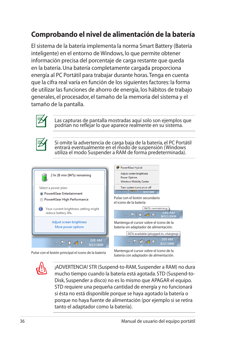 Comprobando el nivel de alimentación de la batería | Asus X35SG User Manual | Page 36 / 116