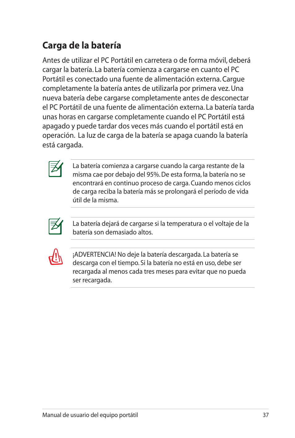 Carga de la batería | Asus X35SG User Manual | Page 37 / 116