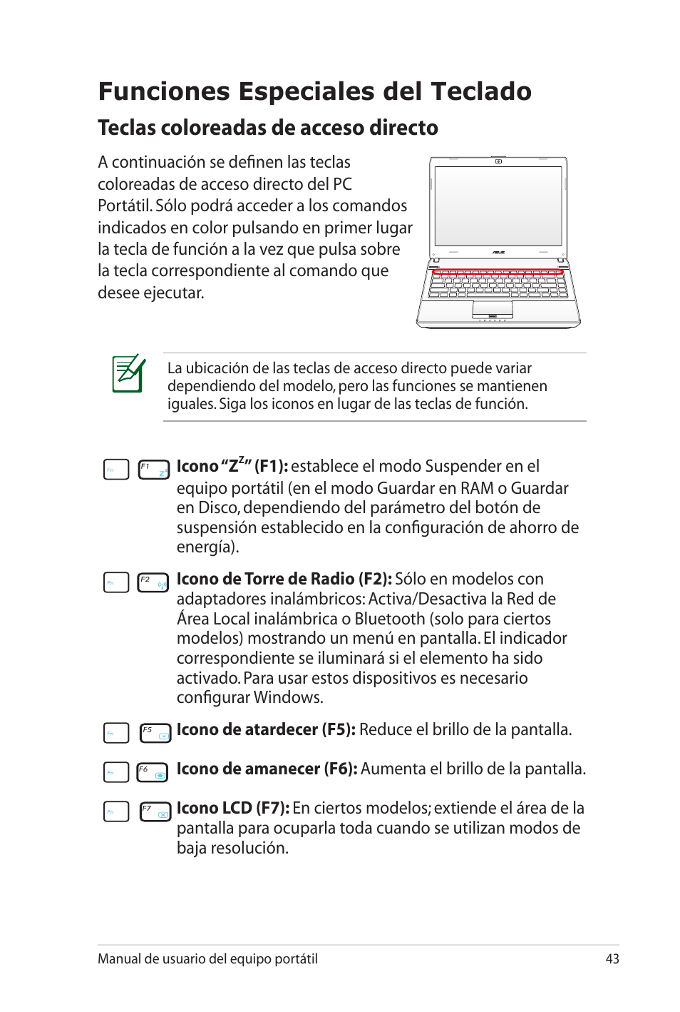 Funciones especiales del teclado, Teclas coloreadas de acceso directo | Asus X35SG User Manual | Page 43 / 116