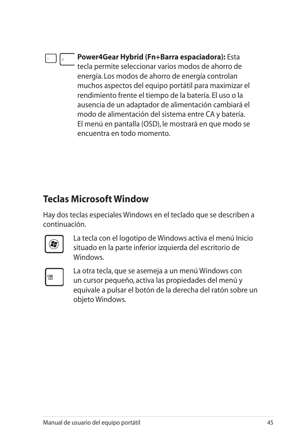 Teclas microsoft window | Asus X35SG User Manual | Page 45 / 116