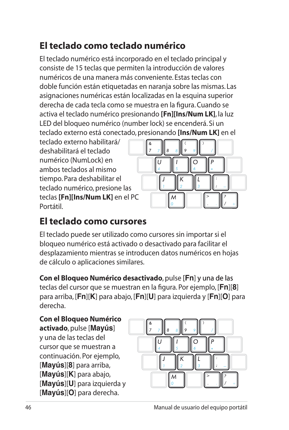 El teclado como teclado numérico, El teclado como cursores | Asus X35SG User Manual | Page 46 / 116