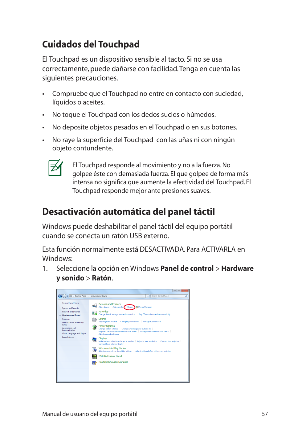 Cuidados del touchpad, Desactivación automática del panel táctil | Asus X35SG User Manual | Page 57 / 116