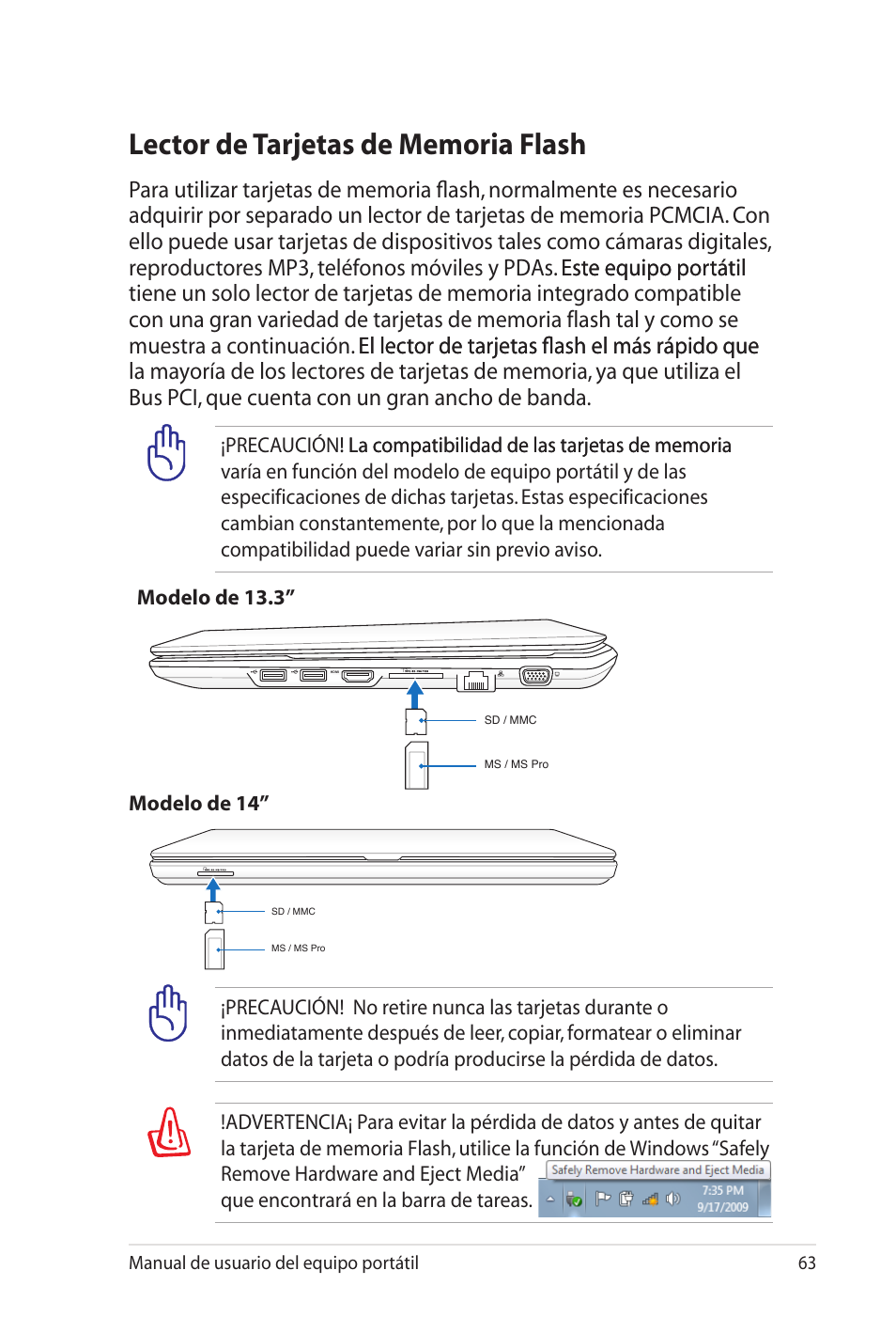 Lector de tarjetas de memoria flash | Asus X35SG User Manual | Page 63 / 116