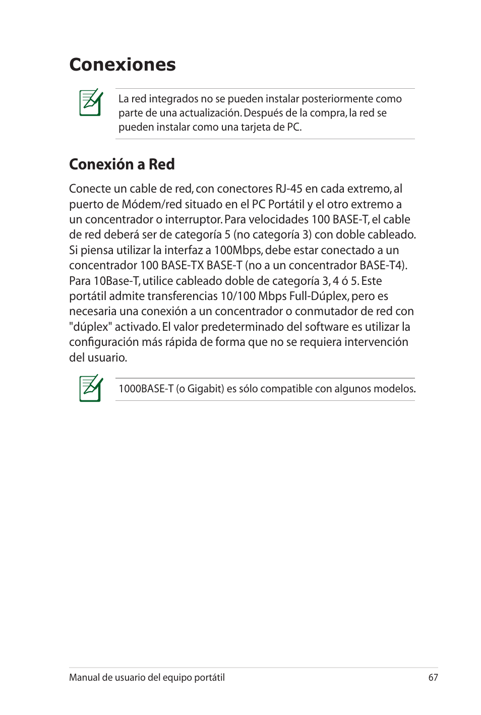 Conexiones, Conexión a red | Asus X35SG User Manual | Page 67 / 116