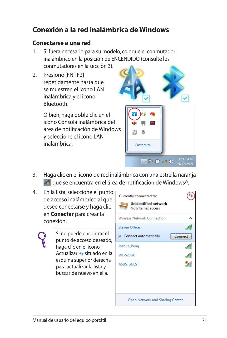 Conexión a la red inalámbrica de windows | Asus X35SG User Manual | Page 71 / 116