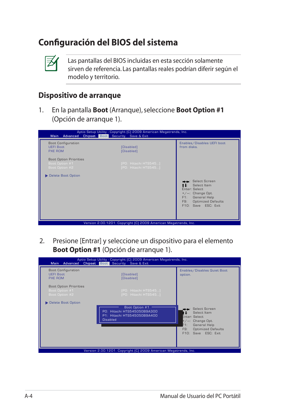 Configuración del bios del sistema, Dispositivo de arranque, A-4 manual de usuario del pc portátil | Asus X35SG User Manual | Page 80 / 116
